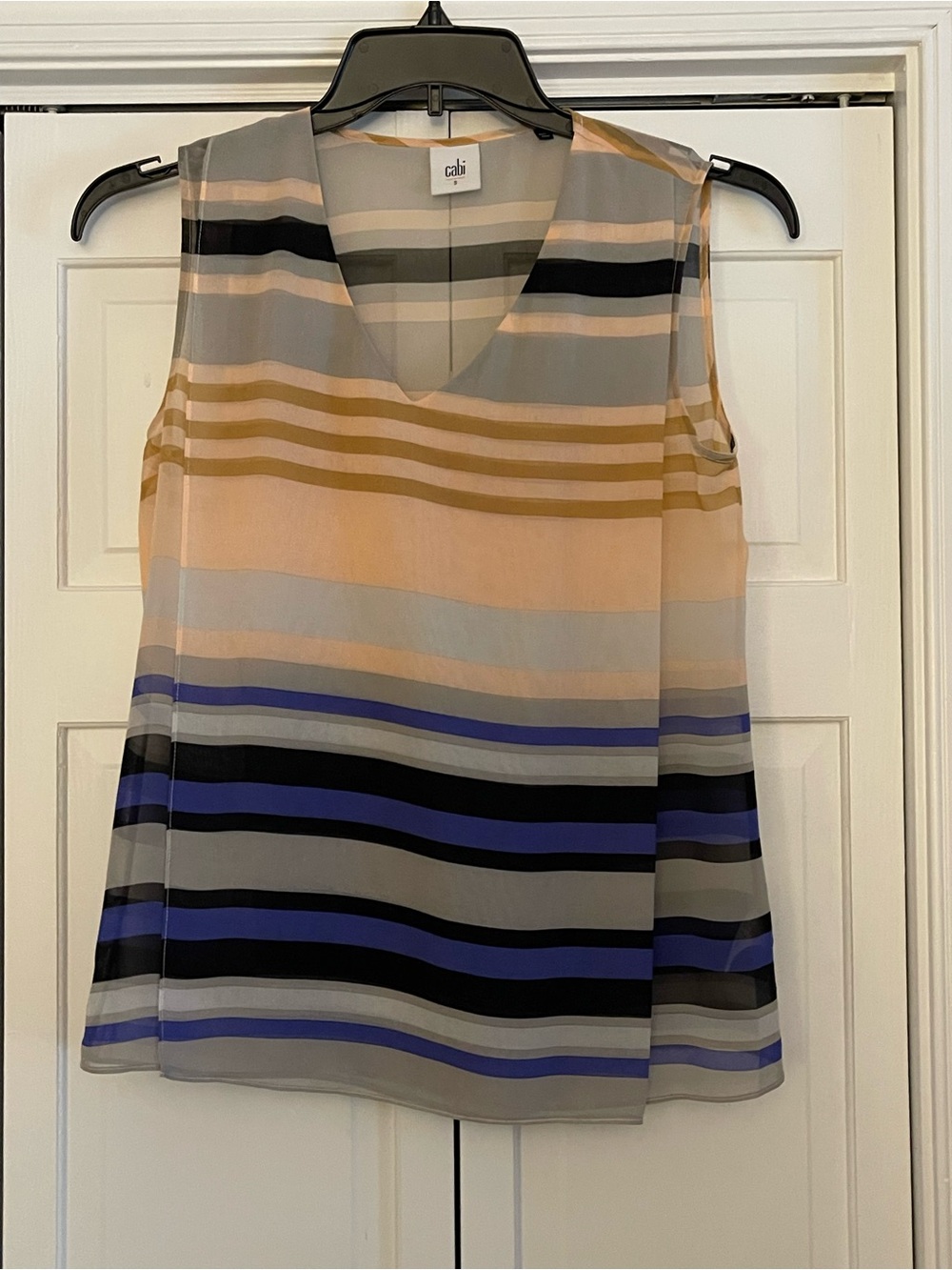 CAbi Sleeveless V-Neck Striped Tank in Beige, Black & Blue